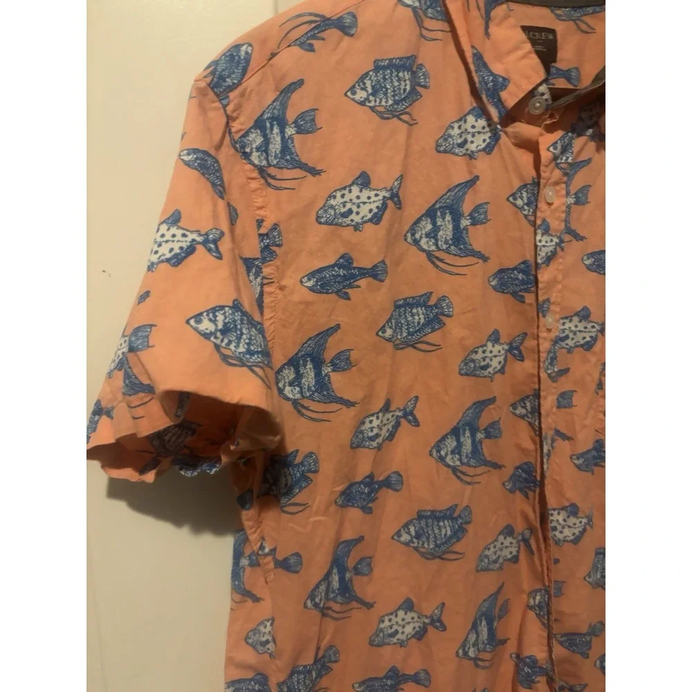 J.Crew Fish Short Sleeve Button‎ Shirt Mens Cotton Coral Orange Tropical Size Lg
